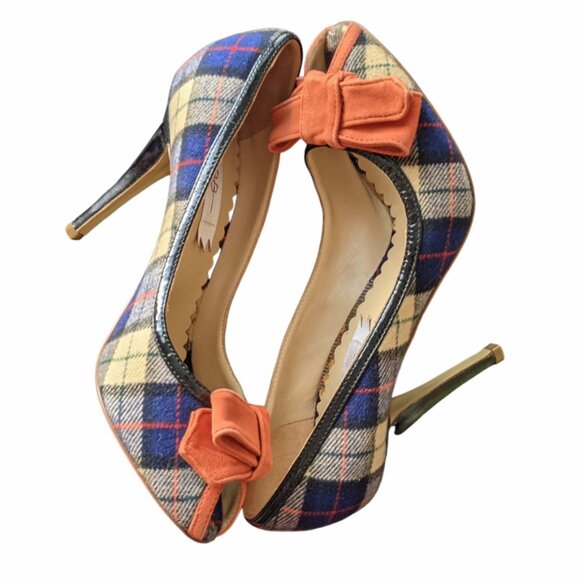 Mario Bologna Boutique Designer Plaided Shoes Bow Size 37.5 US 7 Heel 3" - Picture 1 of 11